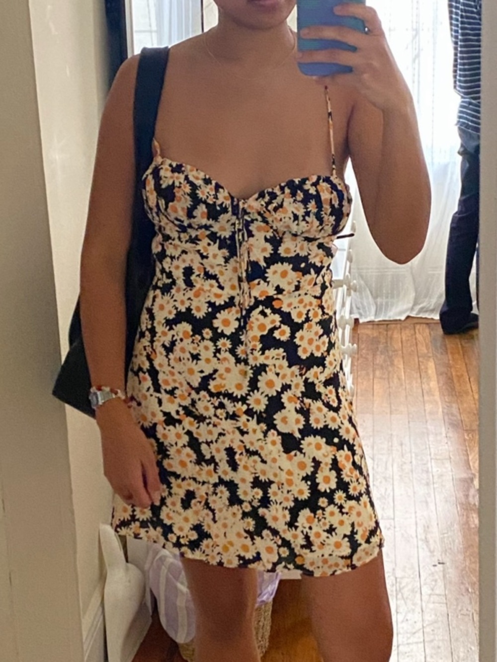Realisation Par Black Floral Mini Dress with White and Yellow Daisy Print